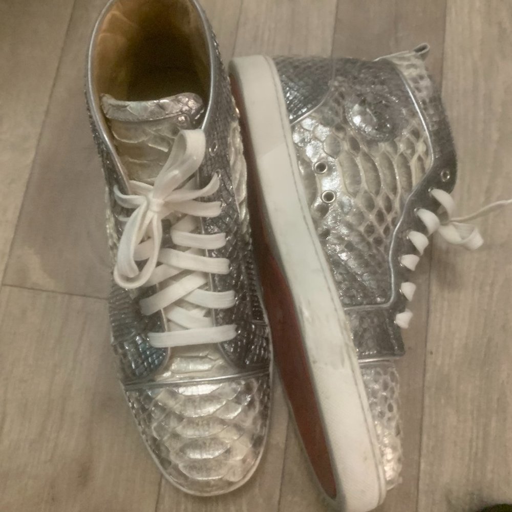 Christian Louboutin Mens Size 44 EU 11 US Rantus Silver Python Skin High Top
